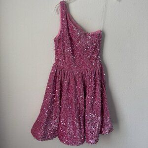 Faeriesty One Shoulder Pink Sequin Cocktail Mini Dress Women's XS Fit And Flare